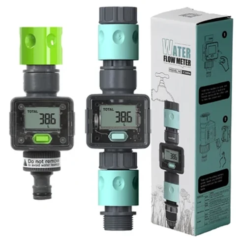Digital Waasser Flow Meter Schlauch Waasser Meter fir Outdoor Gaart Schlauch, Mooss Konsum a Waasser Flow Taux mat Quick Connectoren