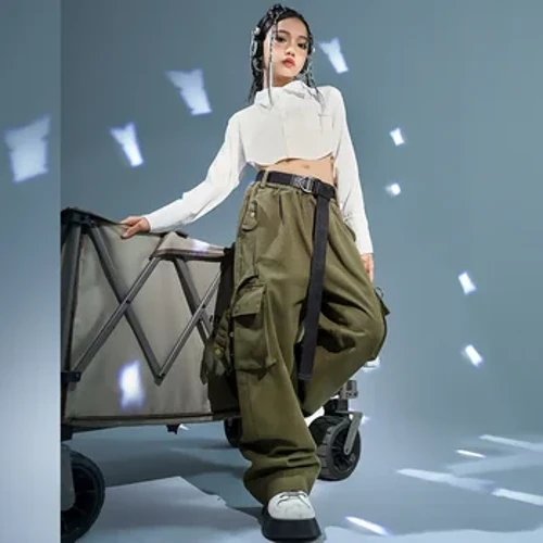 Hip Hop Lányok Fehér ing Crop Top Army Zöld Nadrág Gyermek Utcai Táncruhák Utcai ruházat Ruházat Szettek Tini Gyerekek Jazz Jelmez