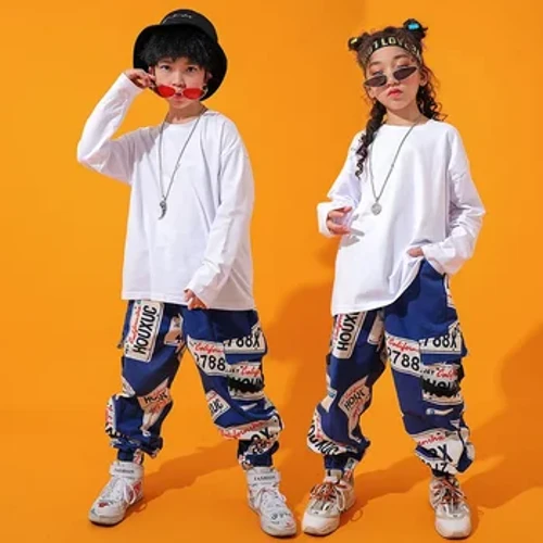 Hip Hop Danskläder T-shirt Cargo Dansbyxor Pojkar Flickor Lös Jazz Dans Bär Kostymer Kläder