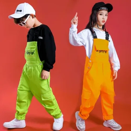 Éadaí Hiphop do Chailíní Seó Damhsa Sráide Seó Damhsa Éadaí Caith Éadaí Damhsa Hip Hop Snagcheol Páistí Muinchille Fada Barr dungarees Buachaillí