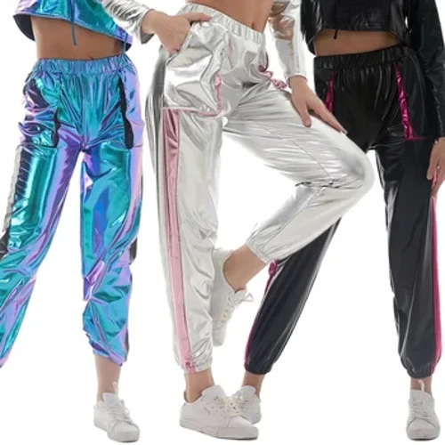 Phụ Nữ Kim Loại Sáng Bóng Quần Có Túi Khiêu Vũ Trang Phục Rời Hip Hop Miếng Dán Cường Lực Quần Dancewear Hộp Đêm Đảng Dạo Phố Vàng