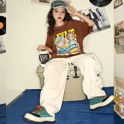 Vasaras bērnu hiphopa apģērbs Kpop apģērbs meitenēm Džeza deju kostīms brīvs T krekls Top Cargo bikses pusaudžu grupas ielu deju apģērbs