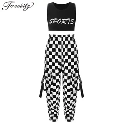 Trẻ Em Bé Gái Hip Hop Trang Phục Khiêu Vũ Đường Phố Không Tay In Chữ Crop Top Với Quần Kẻ Sọc Khiêu Vũ Jazz Biểu Diễn Sân Khấu Dancewear