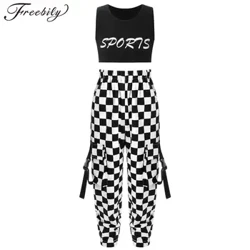 เด็กผู้หญิง Hip Hop Street Dance เครื่องแต่งกายแขนกุดพิมพ์ Crop Top กับกางเกงลายสก๊อต JAZZ Dance STAGE Performance Dancewear