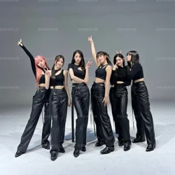 Grŵp Merched Kpop Dawnsio Stryd Crysau T Slim Tops Cnydau Pants Lledr Gwisg Llwyfan Merched Gŵyl Rave Gwisgwch Gwisgoedd Cyngerdd Rhywiol