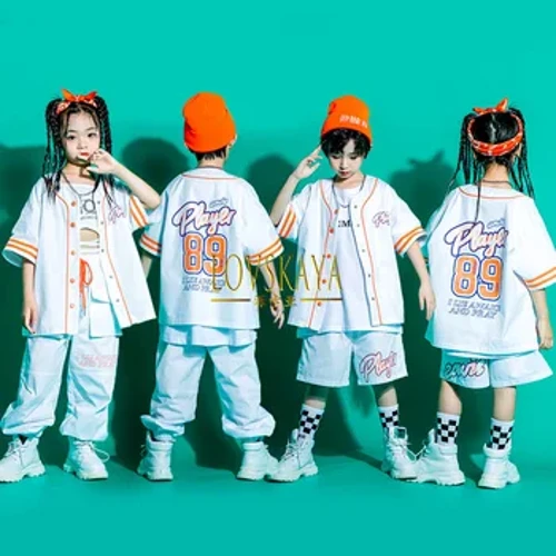 Trắng Dạo Phố Quần Quần Short Cho Bé Gái Bé Trai Jazz Khiêu Vũ Trang Phục Hip Hop Quần Áo Bóng Chày Áo Sơ Mi Cardigan Hàng Đầu