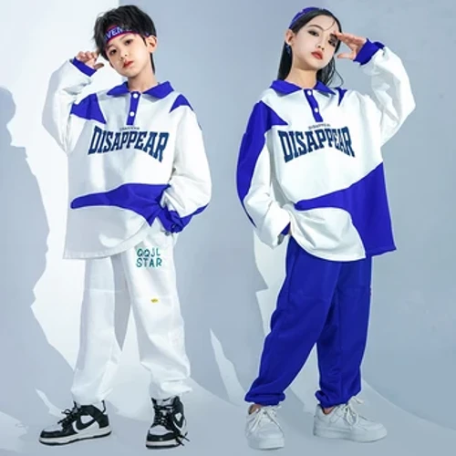 Izingane Amantombazane e-Hip Hop Amhlophe Okuhlaza okwesibhakabhaka Cheerleader Izingubo Abafana Polo Sweatshirt Street Dance Joggers Izingane Ballroom Jazz Amabhulukwe Izingubo