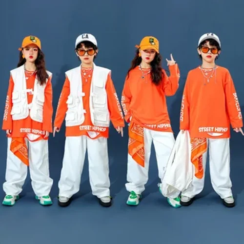 Trẻ em Nhảy Đường Phố Quần Áo Hip Hop Áo Vest Trắng Áo Cam Quần Baggy Bé Gái Bé Trai Trống Trình Diễn Jazz Trang Phục Trang Phục Sân Khấu