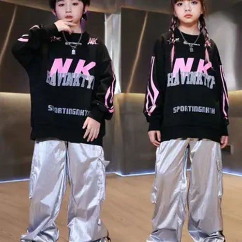 Bé trai Hip Hop Trang Phục Nhảy Đường Phố Áo Len Đen Quần Bạc Bé Gái Jazz Khiêu Vũ Quần Áo Biểu Diễn Hiphop Phù Hợp Với Cuồng Mặc