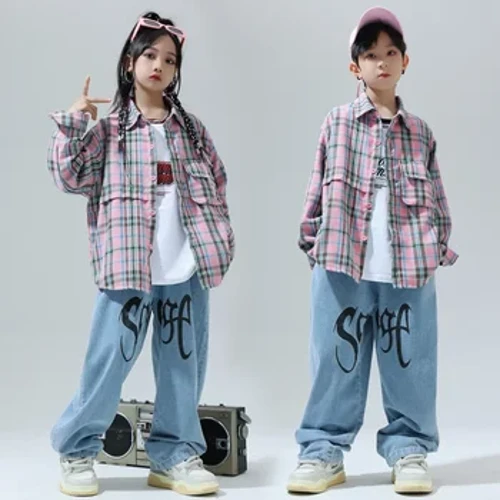 Áo Sơ Mi Kẻ Sọc Hồng Quần Denim Bé Gái Nhảy Đường Phố Quần Áo Trẻ Em Dạo Phố Trẻ Em Nhạc Jazz Thể Hiện Kpop Trang Phục Bé Trai Hip Hop Quần Áo