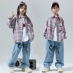 สีชมพูลายสก๊อตเสื้อDenimกางเกงStreet Danceเสื้อผ้าเด็กStreetwearเด็กแจ๊สแสดงKpopชุดเด็กHip Hopเสื้อผ้า