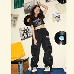 Tenuta de dans hip-hop pentru fete Buzunare mari Pantaloni cargo și tricou negru vintage Îmbrăcăminte de performanță jazz pentru dansul fetelor