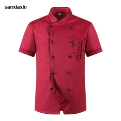 ใหม่ Unisex ห้องครัวโรงแรม Chef Uniform เบเกอรี่อาหารบริการ Cook แขนสั้นเสื้อ Double Breasted Chef Jacket เสื้อผ้า