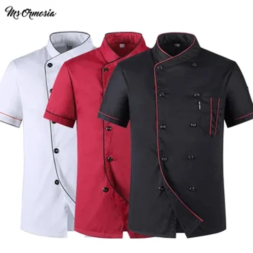 ʻO ka lima pōkole hale ʻaina Chef Kitchen nā lole hana ʻelua ma ka umauma Sushi Bakery Cafe Waiter ʻai ʻai meaʻai nā ʻeleʻele lawelawe.
