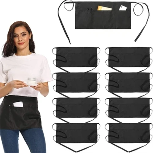 Na Wahine Kane Half Waist Apron me 3 Pockets Long Waist Strap Ho'oikaika 'ia nā humu Waiter Waitress Server Aprons no ka hale 'aina.