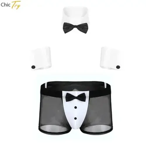 Män Cosplay Sexiga underkläder Set Servitör Scen Dansar Kostymer Sexigt läder Grenlösa underkläder Rollspel Uniformer Nattklubbsoutfit