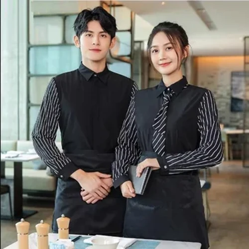 Spring/Autumn Long Sleeve Black Striped Work Shirt+Apron Set Hotel DIY Logo Waiter Uniform Clothing Customized Logo Work Wear