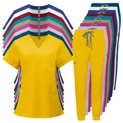 Scrubs Uniforme Traje Mahuka Laburreko V-lepoko Tops + Jogger Prakak Erizaintza Uniforme Emakumeen Kolore Anitzeko Maskota Mediku Scrub Medikuntza Laneko Arropa