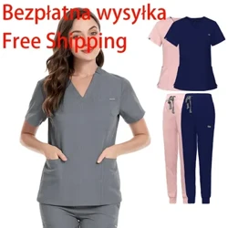 Uniforme para enfermería de médico de Hospital para mujer, venta al por mayor, pantalón corto informal de manga con cuello en V, trajes para correr, uniformes médicos de trabajo para enfermera y farmacia