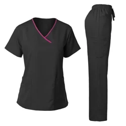 Tıbbi Üniforma Trendy kadın Fırçalama Seti Streç Yumuşak Y Yaka Üst Pantolon Hastane Evcil Hayvan Kliniği Doktor Kostüm Kontrast Renkler