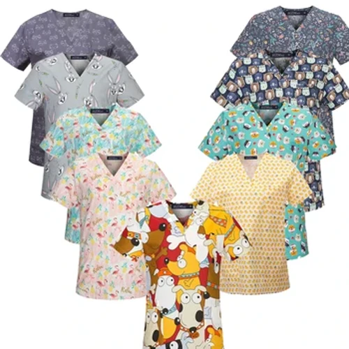 Nā lole kahu hānai wahine paʻi pōkole lima ʻāʻī V-ʻāʻī Scrubs hana Lapaʻau Blouse holoʻokoʻa.