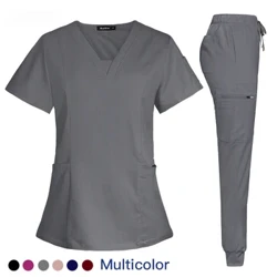 V-neck Womens Medical Scrubs Set Doctor Nursing Suits Clinical Uniform V Neck Short Sleeved Tops Pants Lab Work Clothes Workwear
