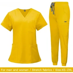 Scrub Seragam Setelan Lengan Pendek V-neck Tops + Celana Jogger Set Seragam Perawat Wanita Multicolor Pet Dokter Scrub Medis Workwear
