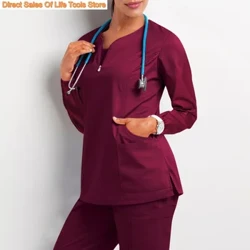 Y tá Tẩy tế bào chết Áo dành cho nữ Chăm sóc sức khỏe Công nhân rắn Áo dài tay bệnh viện Đồng phục bỏ túi Y tá Y tá Áo liền quần Dược sĩ Top