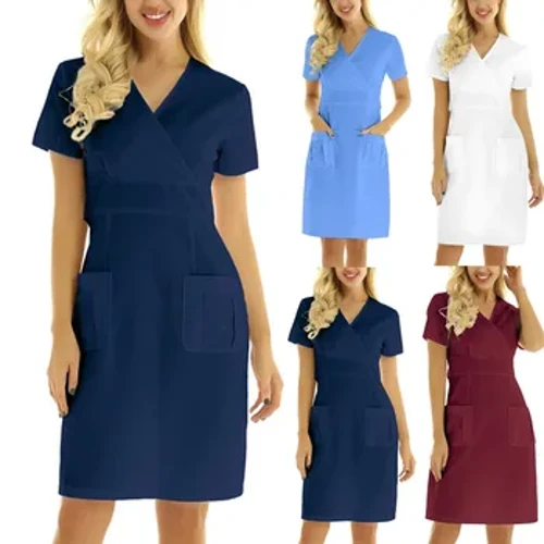 Mga Uniform sa Trabahong Nurse Dress Pambabae Maikling Manggas V-neck Solid Work Uniform Ladies Pocket Dress Medikal na Nursing Medikal na Uniform