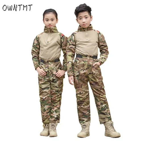 Transpirabilidad Uniforme de camuflaje de algodón elástico para niños Equipo de entrenamiento de exploración táctica del ejército de manga larga con múltiples bolsillos