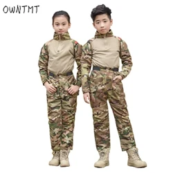 Transpirabilidad Uniforme de camuflaje de algodón elástico para niños Equipo de entrenamiento de exploración táctica del ejército de manga larga con múltiples bolsillos