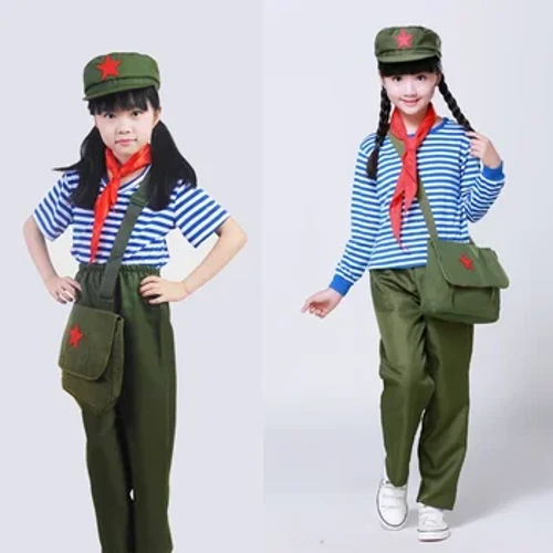 Uniforme militar traje do exército vermelho chinês para crianças uniformes de escotismo desempenho de palco (top + calças + lenço vermelho + chapéu + bolsa)