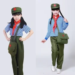 Vojaška uniforma Kitajski kostum Rdeče armade za otroške taborniške uniforme Odrska predstava (top + hlače + rdeči šal + klobuk + torba)