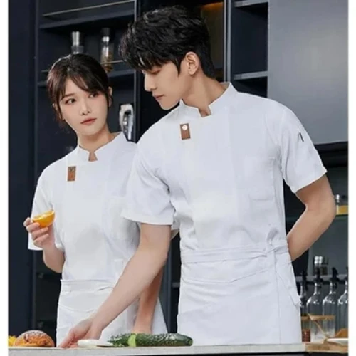 Smiley Hotel Chef Uniform Short-sleeved Männer Atem Hotel Catering Kichen Baken Aarbechtskleeder Polycotton laang Ärmelen