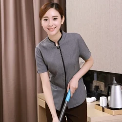Mùa hè ngắn tay áo khách sạn đồng phục nhà hàng phục vụ phục vụ phục vụ phục vụ bàn bánh ngọt quần áo nhà làm việc quần áo nhà