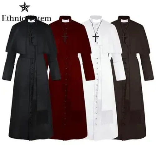 Yr Oesoedd Canol Henfydol Offeiriad Gwisg Gwisg Calan Gaeaf Dynion Pab Pastor Clogyn Gosplay Gwisgoedd Dadeni Monk Gwisg Setiau Clerigion