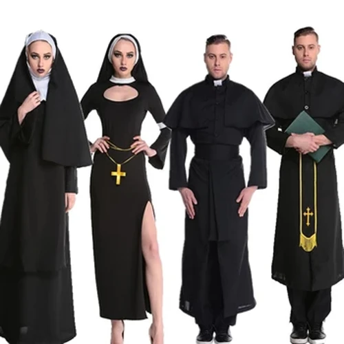 I-Black Nun Dade Umkhuba Wemvunulo Ubaba UmPristi Bishop Costume Umfundisi ongumKristu uCosplay I-Halloween Carnival Fancy Party Gqokisa Kahle