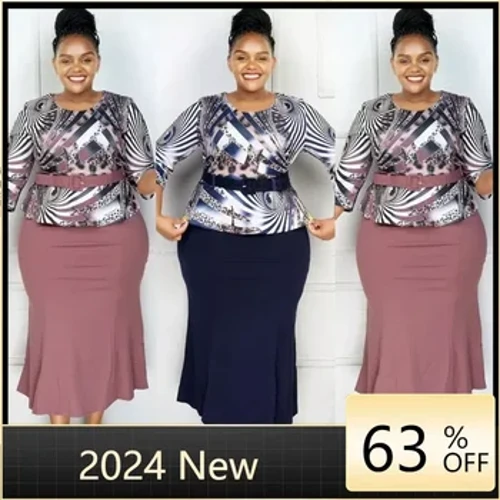 Afrikanesch Kleeder fir Fraen Elegant 2024 Afrikanesch 3/4 Ärmelen O-Hals Print Polyster Plus Gréisst Long Maxi Kleedungskleeder Afrika Kleeder