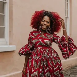 2021 Afrika Inprimaketa digital berria Emakumeen udazkeneko soinekoa Hiru laurdeneko Lotus hostoko mahuka txikia V-lepoko soineko txikia handizkako salmenta