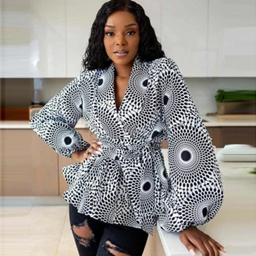 Afrikanesch Kleeder fir Fraen 2021 Summer afrikanesch Fraen V-Hals Polyester Dréckerei Langarm T-Shirt Fraen Top afrikanesch Kleeder