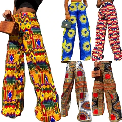 Afrikaklänning för kvinnor för kvällsfest Boho Byxor med vida ben Lösa högmidjade Fritidssport Byxor med elastisk tryckt ficka