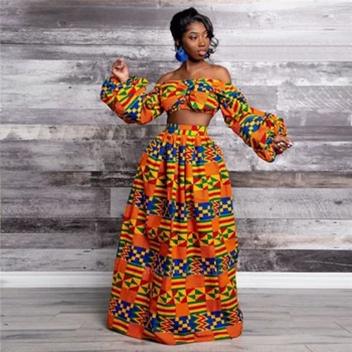 Elegant Dam Klänning i två delar Sexig Slash-neck Ärmlös blus topp + hög slits kjol Vintage Africa National Print Lady Suit