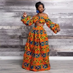 Elegantne naiste kaheosaline komplektkleit Seksikas kaldkaelusega varrukateta pluus + kõrge lõhkiga seelik Vintage Africa National Print daamiülikond