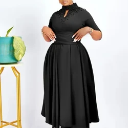 African A Line Klänning Kvinnor Hög midja V-ringad Dashiki Afrika Kläder Vår Sommar Ny Solid Splice Elegant afrikansk festklänning