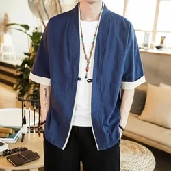 Vestes Kimono d'été pour hommes, Cardigan léger et décontracté, mélange de coton et de lin, sept manches, manteau Hanfu ouvert sur le devant
