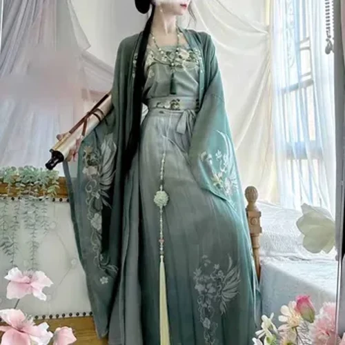 Hanfu Elbise Kadın Çin Geleneksel Vintage Hanfu Kadın Cadılar Bayramı Cosplay Kostüm Baskılı Hanfu Yeşil 3 adet Setleri Artı Boyutu XL