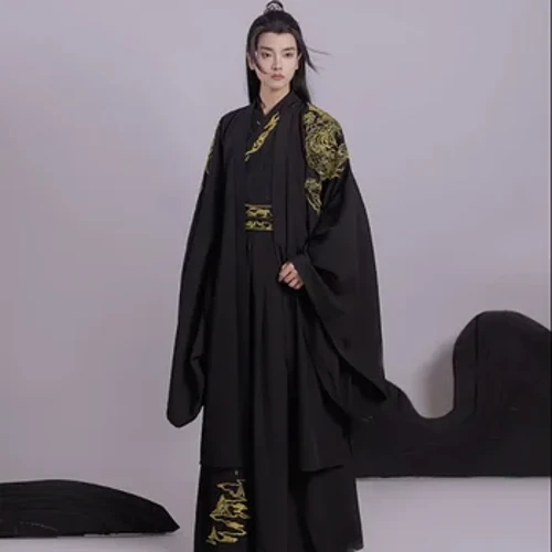 Hanfu Erkekler Çin Geleneksel Cosplay Kostüm Antik Hanfu Setleri Erkek Cadılar Bayramı Cos Kostüm Hanfu Siyah 3 adet Setleri Artı Boyutu 2XL