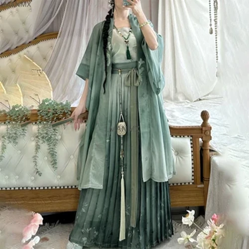 Yozgi yangi Hanfu uzun palto va tasma va yubka yashil yangi xitoy uslubidagi hanfu liboslari ayollar oqlangan Xan liboslari gulli bosma kostyumlar