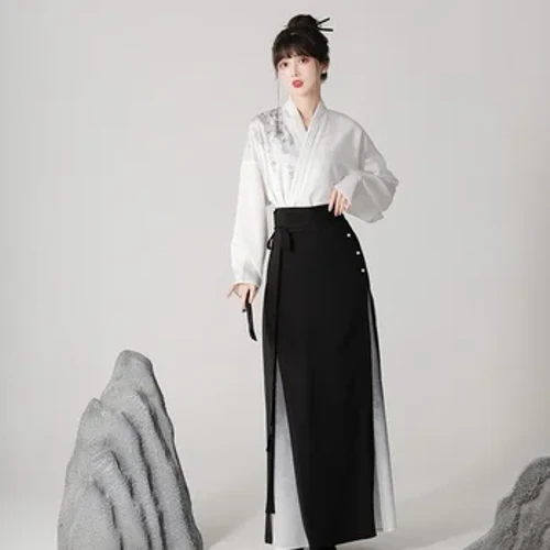 Obleke Hanfu s črnilom v kitajskem slogu, obleka, bluza s križnim ovratnikom, črno biserno krilo s konjskim obrazom Izboljšan izviren sodoben hanfu