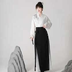 Obleke Hanfu s črnilom v kitajskem slogu, obleka, bluza s križnim ovratnikom, črno biserno krilo s konjskim obrazom Izboljšan izviren sodoben hanfu